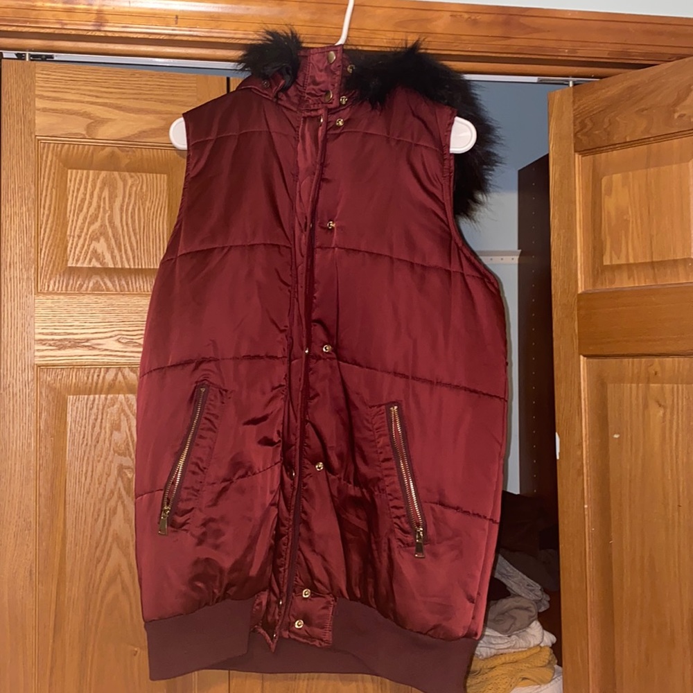 Maroon Thick Vest, *removable* Fur Hood